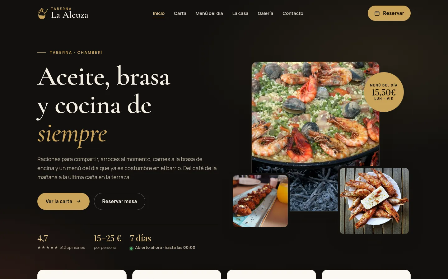 Portada de Taberna La Alcuza: hero con fotos de platos, valoración y acceso a carta y reservas.